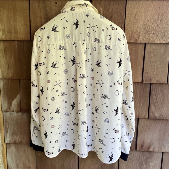River Island Love Hearts Bierds Print Blouse 18( L ) Contrast Trim Long Sleeves - Picture 13 of 16